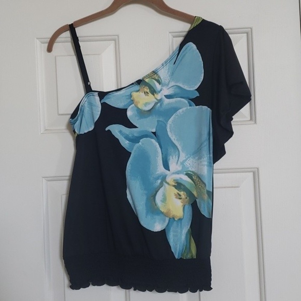 Vintage 90s Y2K One‑Shoulder Floral Top • Black Teal Bold Flower Print SMALL - Picture 4 of 12